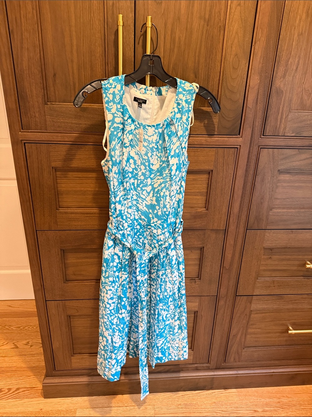 Talbots Aqua and White Floral Tie-Waist Sleeveless Dress